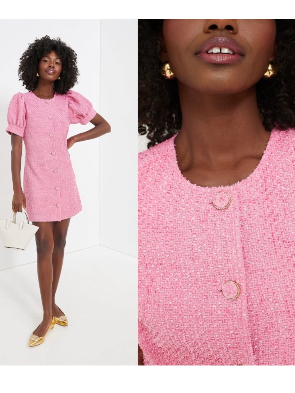 Hyacinth House NEW Pink Tweed Retro Preppy Kit Puff Sleeve Mini Dress Size Small